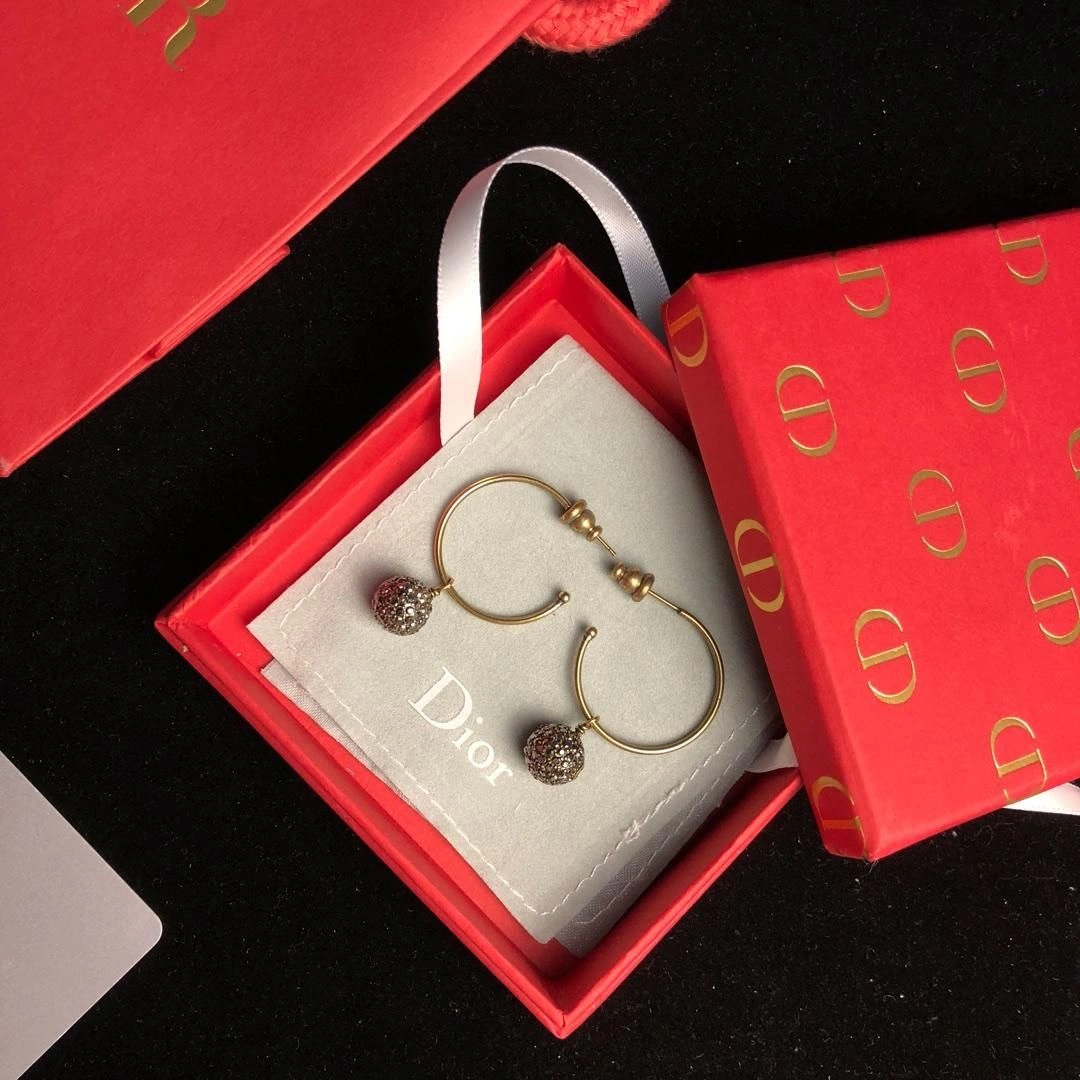 Spring Dior Tresor De Tribales Pave Diamonds Balls Pendants Females Brass CD-Bee Fake Hoop Earrings
