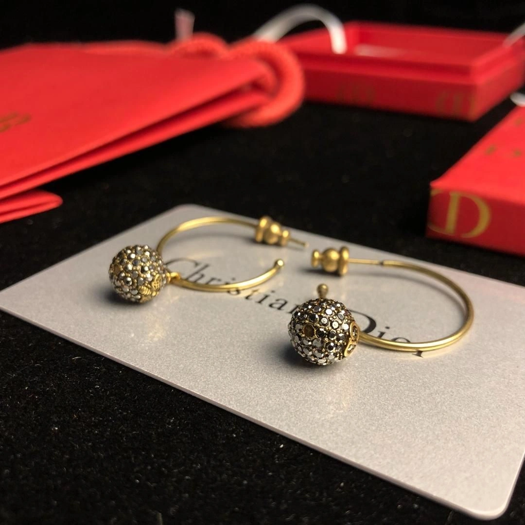 Spring Dior Tresor De Tribales Pave Diamonds Balls Pendants Females Brass CD-Bee Fake Hoop Earrings
