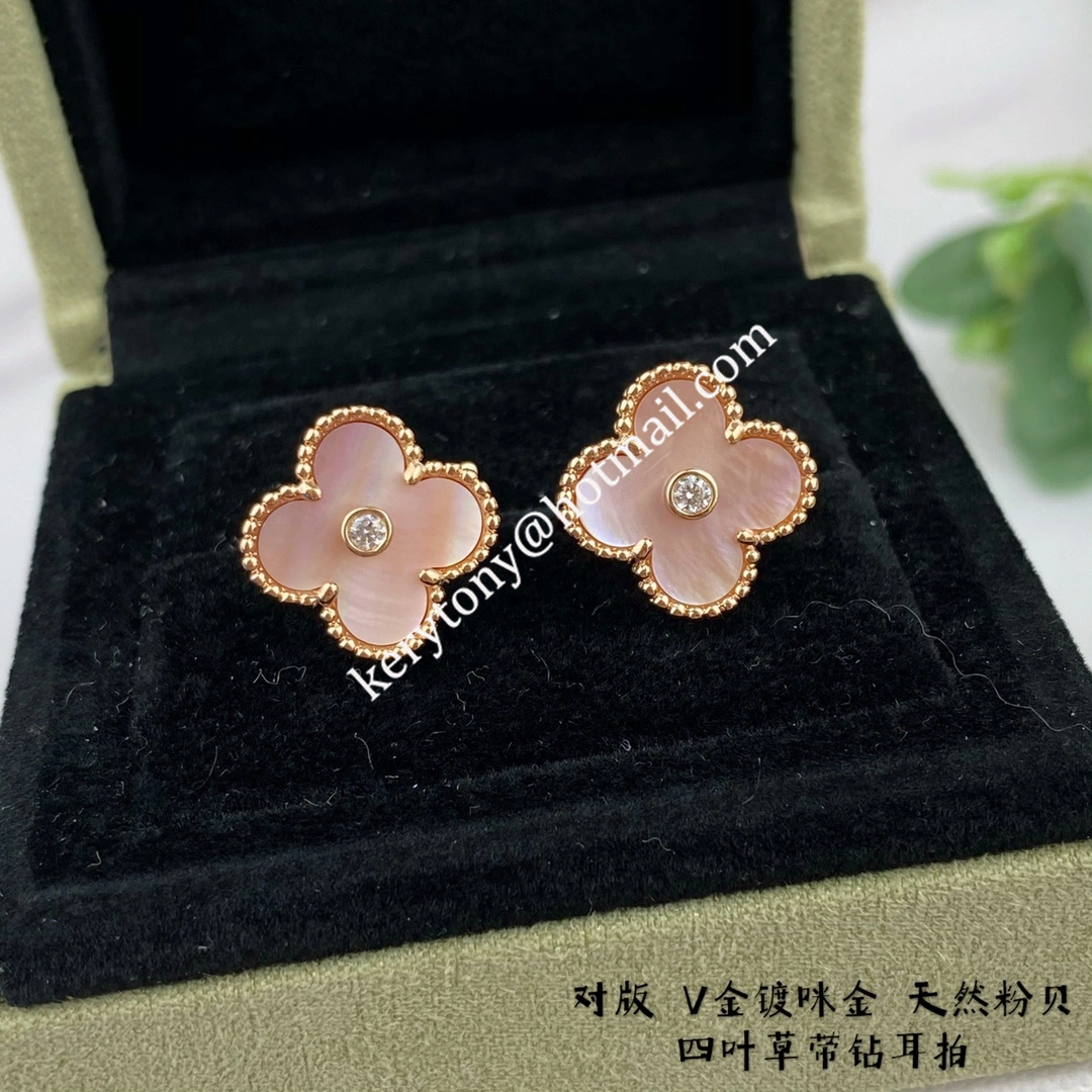 Spring Top Sale Van Cleef Arpels Vintage Alhambra Earring Rose Gold With Pink Mother-of-Pearl and Diamonds