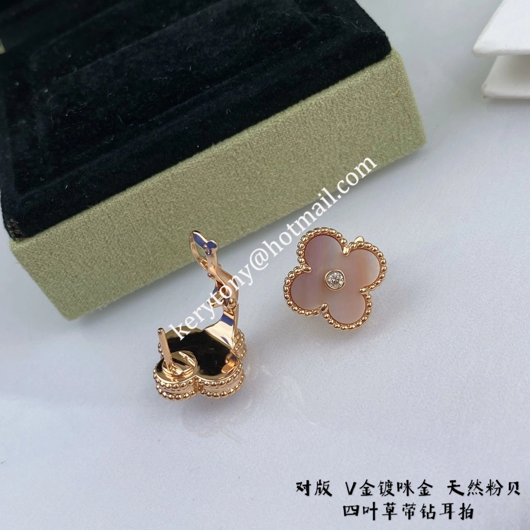 Spring Top Sale Van Cleef Arpels Vintage Alhambra Earring Rose Gold With Pink Mother-of-Pearl and Diamonds