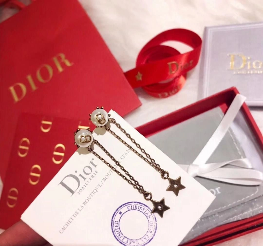 Spring Fall Dior Brass Star Tassel CD Motif Womens White Pearl Long Drop Earrings Online Replica