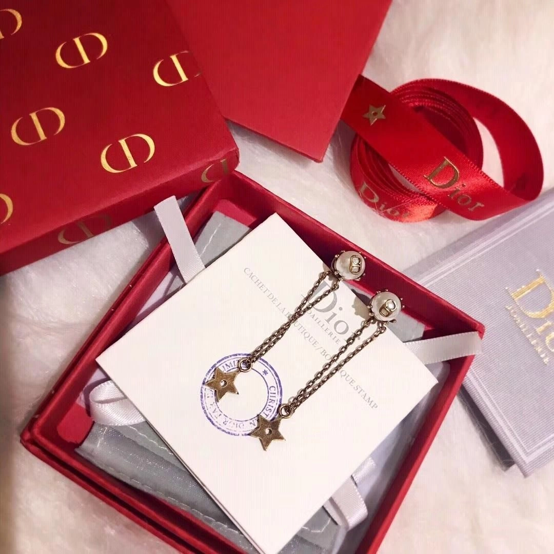 Spring Fall Dior Brass Star Tassel CD Motif Womens White Pearl Long Drop Earrings Online Replica