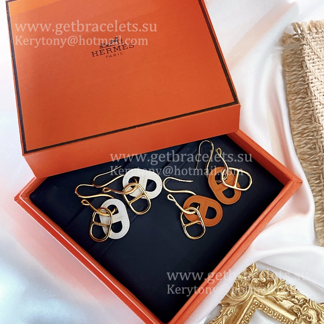 USA Hot Selling Hermes Swift Classic O’Maillon Earrings Yellow Gold With Leather Onange White