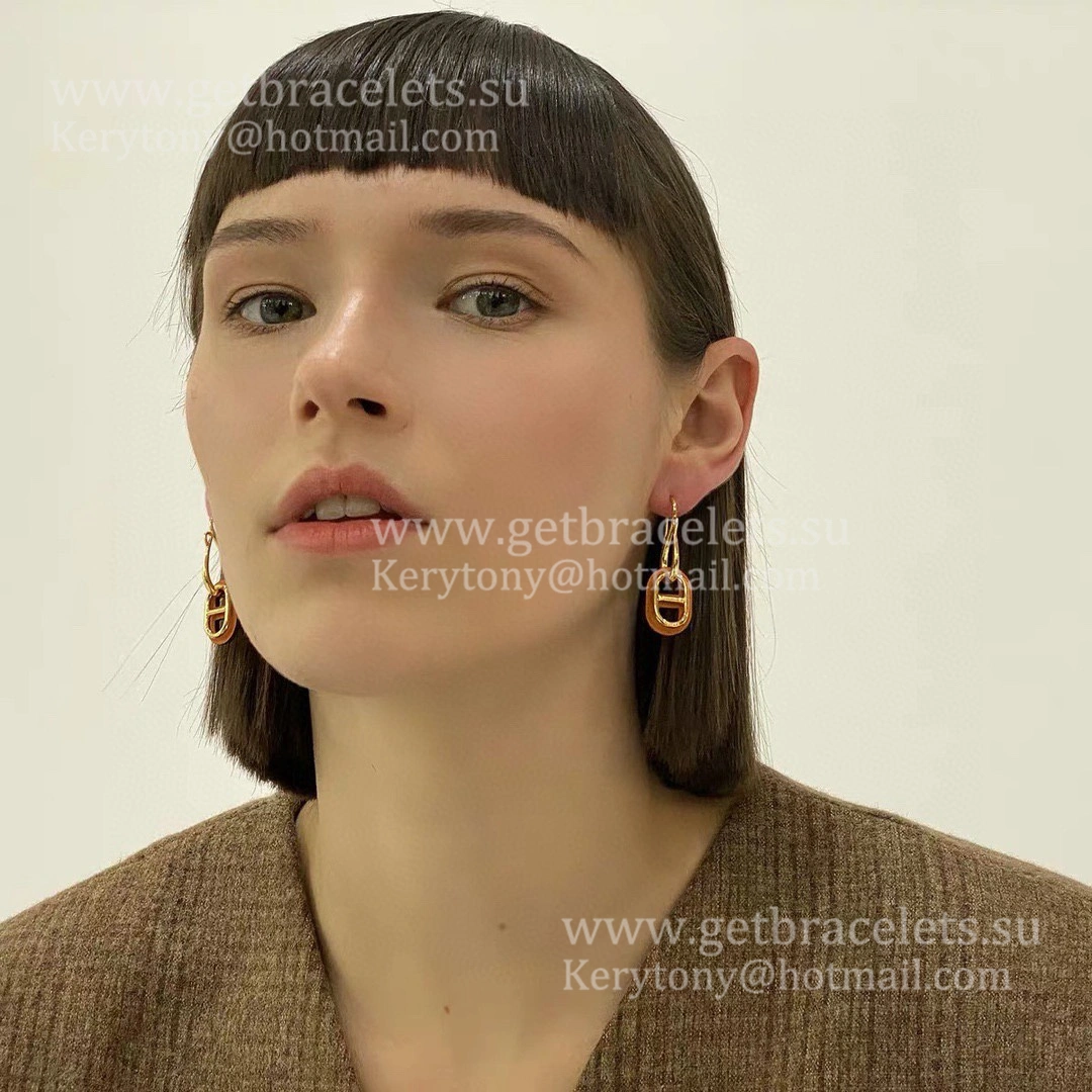 USA Hot Selling Hermes Swift Classic O’Maillon Earrings Yellow Gold With Leather Onange White