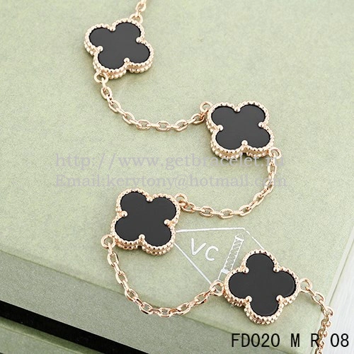 VCA Vintage Alhambra Necklace Pink Gold 10 Motifs Black Agate Mother of Pearl 45cm