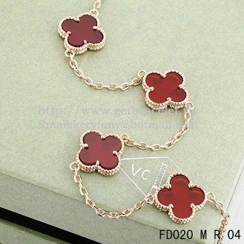 VCA Vintage Alhambra Necklace Pink Gold 10 Motifs Carnelian Mother of Pearl 45cm