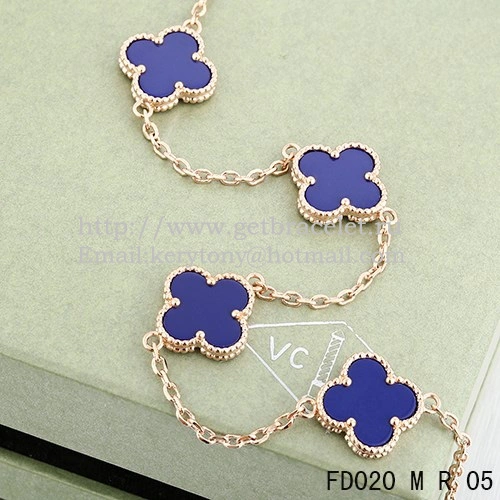 VCA Vintage Alhambra Necklace Pink Gold 10 Motifs Lapis Stone Mother of Pearl 45cm