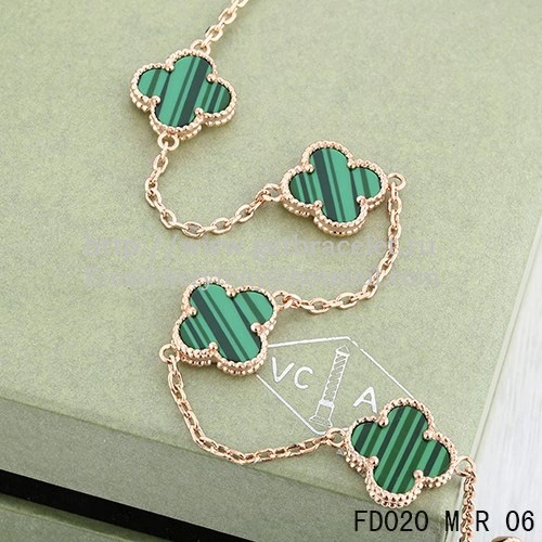 VCA Vintage Alhambra Necklace Pink Gold 10 Motifs Malachite Mother Of Pearl 45cm