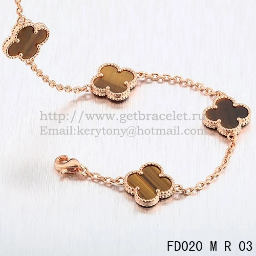 VCA Vintage Alhambra Necklace Pink Gold 10 Motifs Tigers Eye Mother of Pearl 45cm