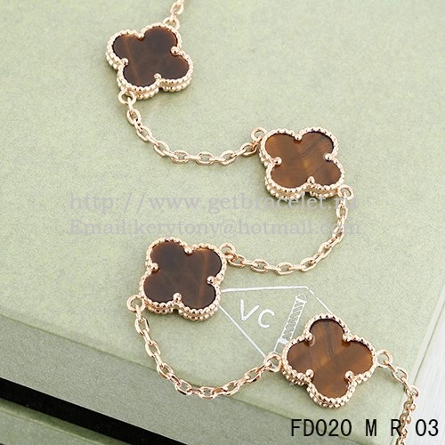 VCA Vintage Alhambra Necklace Pink Gold 10 Motifs Tigers Eye Mother of Pearl 45cm