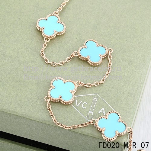 VCA Vintage Alhambra Necklace Pink Gold 10 Motifs Turquoise Mother of Pearl 45cm