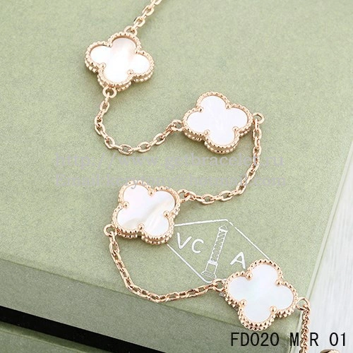 VCA Vintage Alhambra Necklace Pink Gold 10 Motifs White Mother Of Pearl 45cm