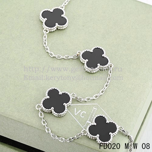 VCA Vintage Alhambra Necklace White Gold 10 Motifs Black Agate Mother of Pearl 45cm