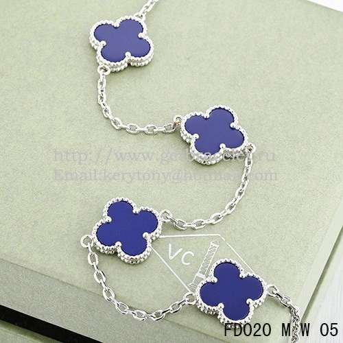 VCA Vintage Alhambra Necklace White Gold 10 Motifs Lapis Stone Mother of Pearl 45cm