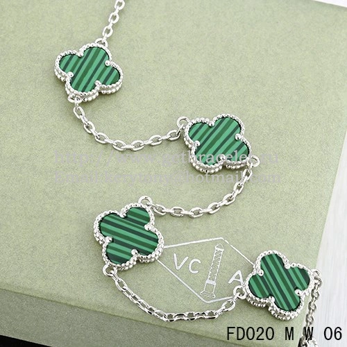 VCA Vintage Alhambra Necklace White Gold 10 Motifs Malachite Mother Of Pearl 45cm