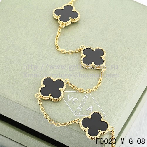 VCA Vintage Alhambra Necklace Yellow Gold 10 Motifs Black Agate Mother of Pearl 45cm