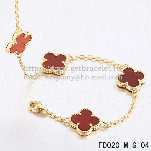 VCA Vintage Alhambra Necklace Yellow Gold 10 Motifs Carnelian Mother of Pearl 45cm