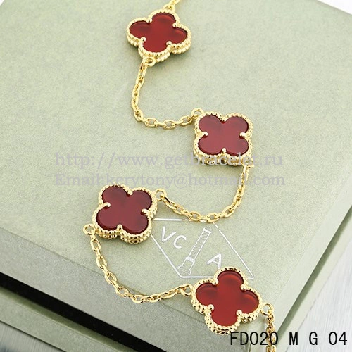 VCA Vintage Alhambra Necklace Yellow Gold 10 Motifs Carnelian Mother of Pearl 45cm