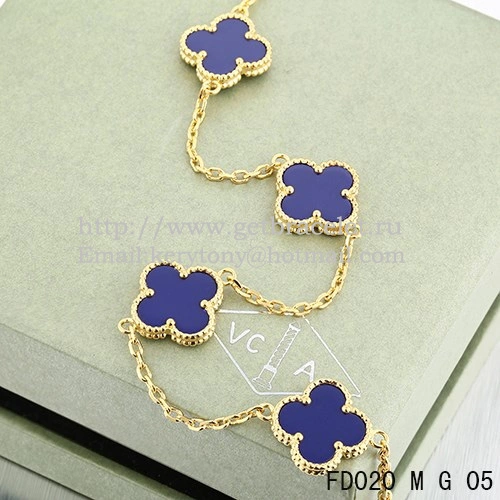 VCA Vintage Alhambra Necklace Yellow Gold 10 Motifs Lapis Stone Mother of Pearl 45cm