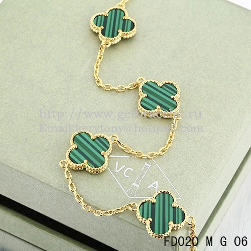 VCA Vintage Alhambra Necklace Yellow Gold 10 Motifs Malachite Mother Of Pearl 45cm