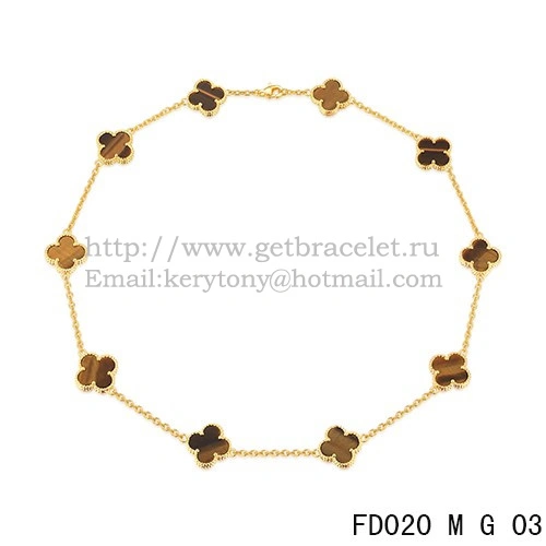 VCA Vintage Alhambra Necklace Yellow Gold 10 Motifs Tigers Eye Mother of Pearl 45cm