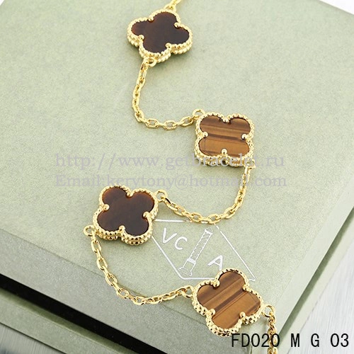 VCA Vintage Alhambra Necklace Yellow Gold 10 Motifs Tigers Eye Mother of Pearl 45cm