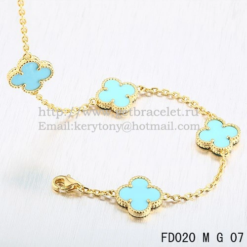 VCA Vintage Alhambra Necklace Yellow Gold 10 Motifs Turquoise Mother of Pearl 45cm