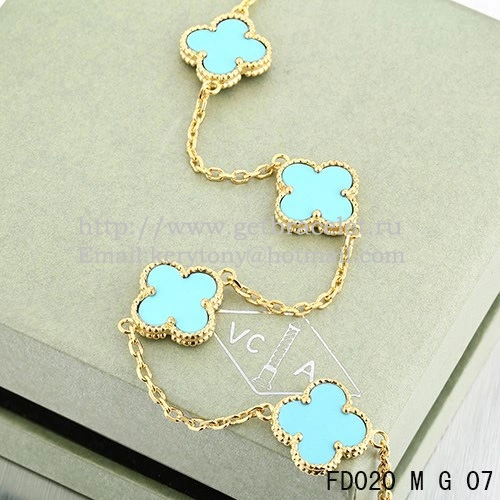 VCA Vintage Alhambra Necklace Yellow Gold 10 Motifs Turquoise Mother of Pearl 45cm