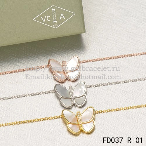 Van Cleef & Arpels Flying Butterfly Pendant Necklace Pink Gold With White Mother Of Pearl Diamonds
