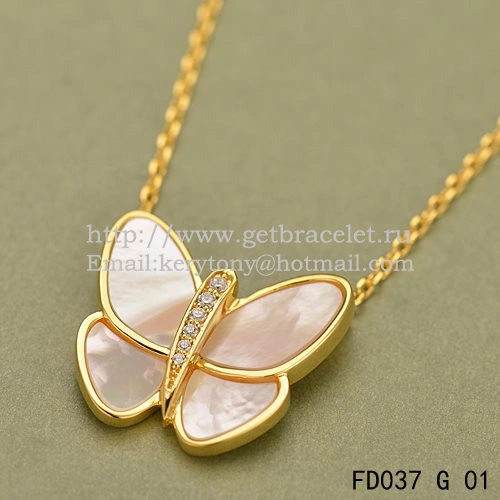 Van Cleef & Arpels Flying Butterfly Pendant Necklace Yellow Gold With White Mother Of Pearl Diamonds