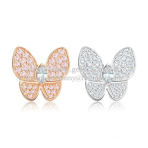Van Cleef & Arpels Flying Two Butterflies Earrings Pink White Gold With Pave Diamond