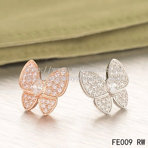 Van Cleef & Arpels Flying Two Butterflies Earrings Pink White Gold With Pave Diamond