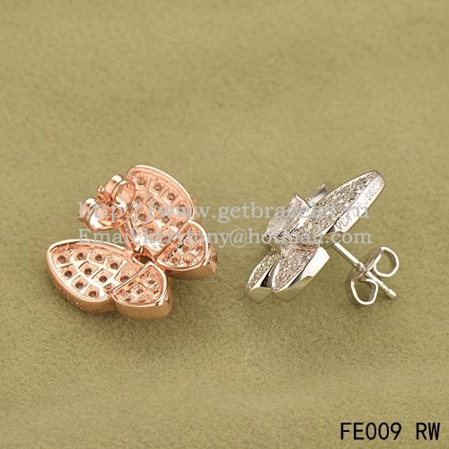 Van Cleef & Arpels Flying Two Butterflies Earrings Pink White Gold With Pave Diamond