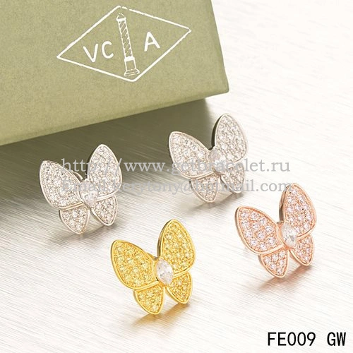 Van Cleef & Arpels Flying Two Butterflies Earrings Yellow White Gold With Pave Diamond