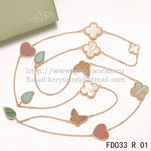 Van Cleef & Arpels Lucky Alhambra Long Necklace Pink Gold 12 Motifs Stone Combination