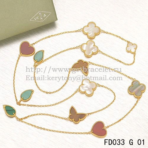 Van Cleef & Arpels Lucky Alhambra Long Necklace Yellow Gold 12 Motifs Stone Combination