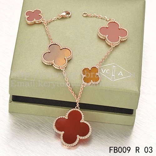 Van Cleef & Arpels Magic Alhambra Bracelet 5 Motifs Pink Gold With Tiger’s Eye Carnelian