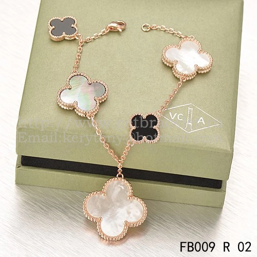 Van Cleef & Arpels Magic Alhambra Bracelet 5 Motifs Pink Gold With White Gray Mother Of Pearl Black Agate
