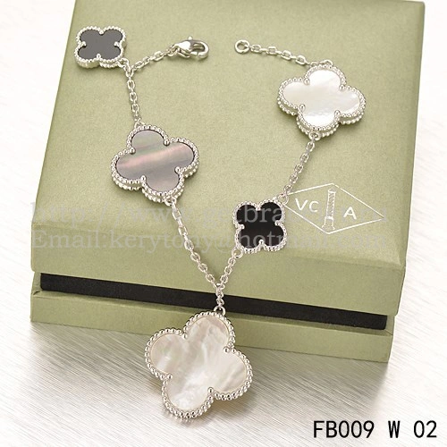 Van Cleef & Arpels Magic Alhambra Bracelet 5 Motifs White Gold With White Gray Mother Of Pearl Black Agate