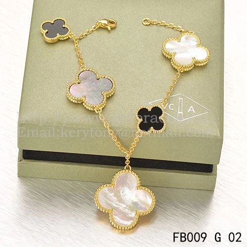 Van Cleef & Arpels Magic Alhambra Bracelet 5 Motifs Yellow Gold With White Gray Mother Of Pearl Black Agate