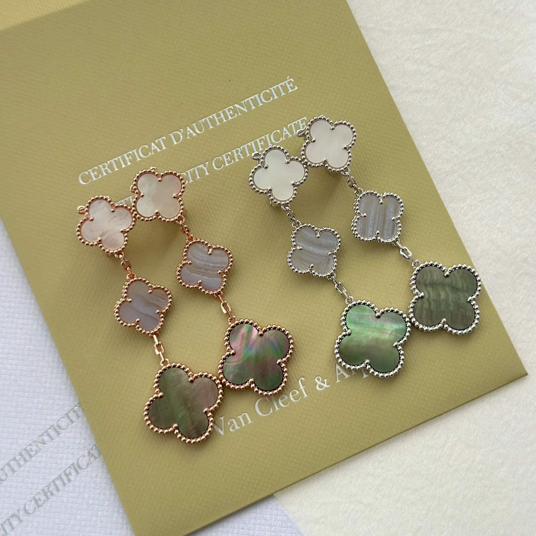 Van Cleef & Arpels Magic Alhambra Earrings 3 Motifs Chalcedony and White and Gray Mother-of-pearl