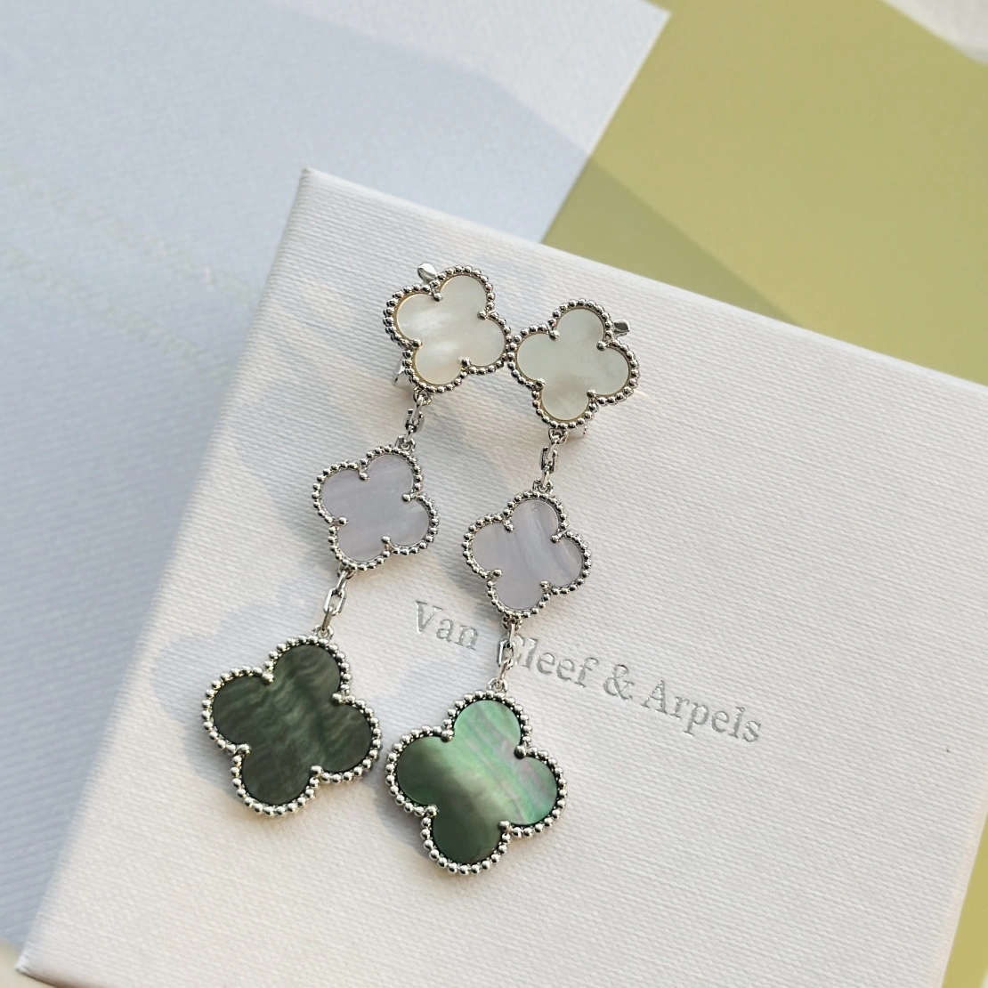 Van Cleef & Arpels Magic Alhambra Earrings 3 Motifs Chalcedony and White and Gray Mother-of-pearl