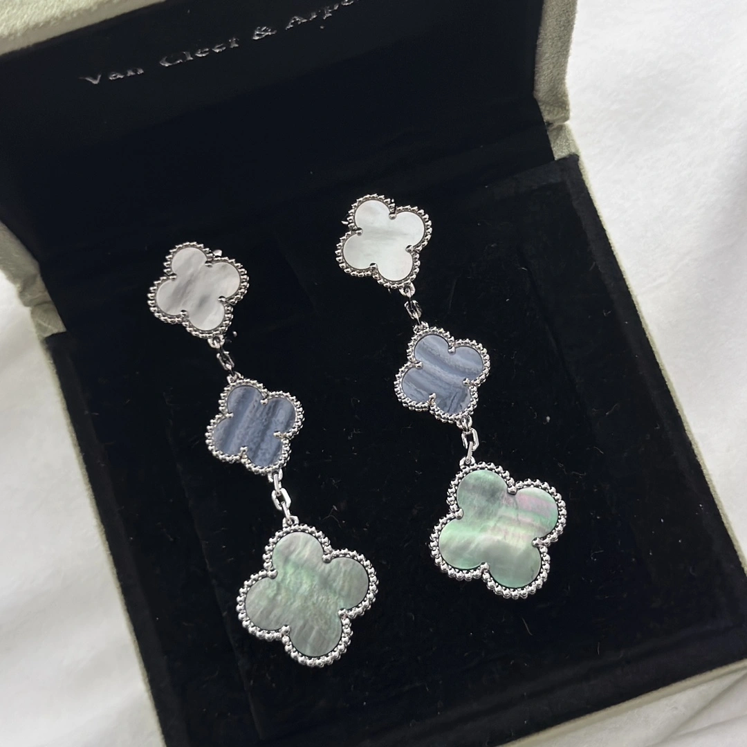 Van Cleef & Arpels Magic Alhambra Earrings 3 Motifs Chalcedony and White and Gray Mother-of-pearl