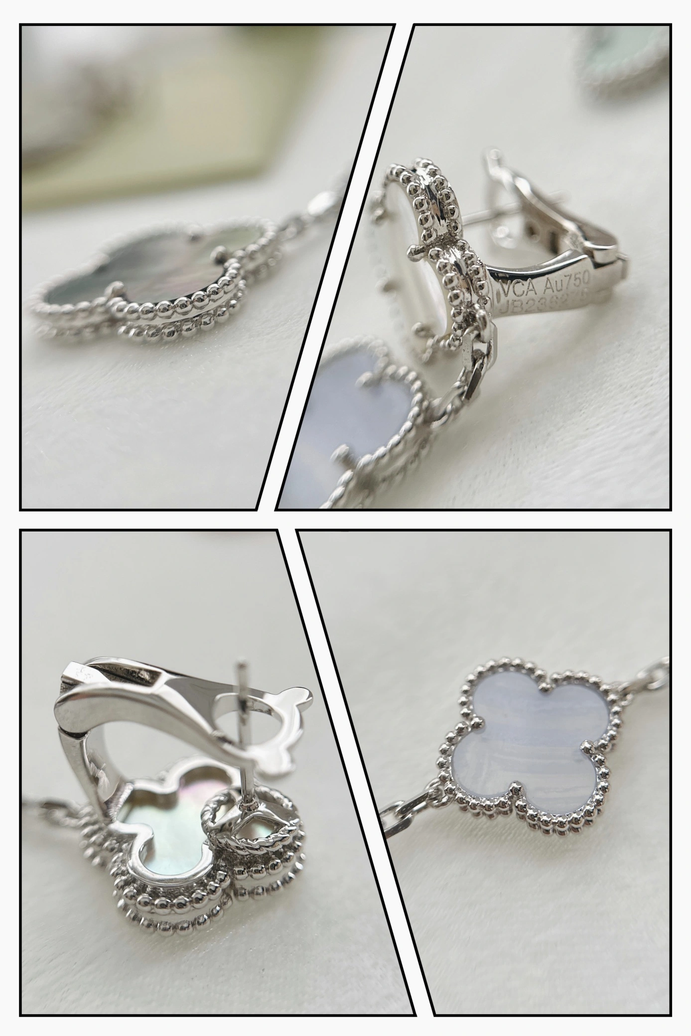 Van Cleef & Arpels Magic Alhambra Earrings 3 Motifs Chalcedony and White and Gray Mother-of-pearl