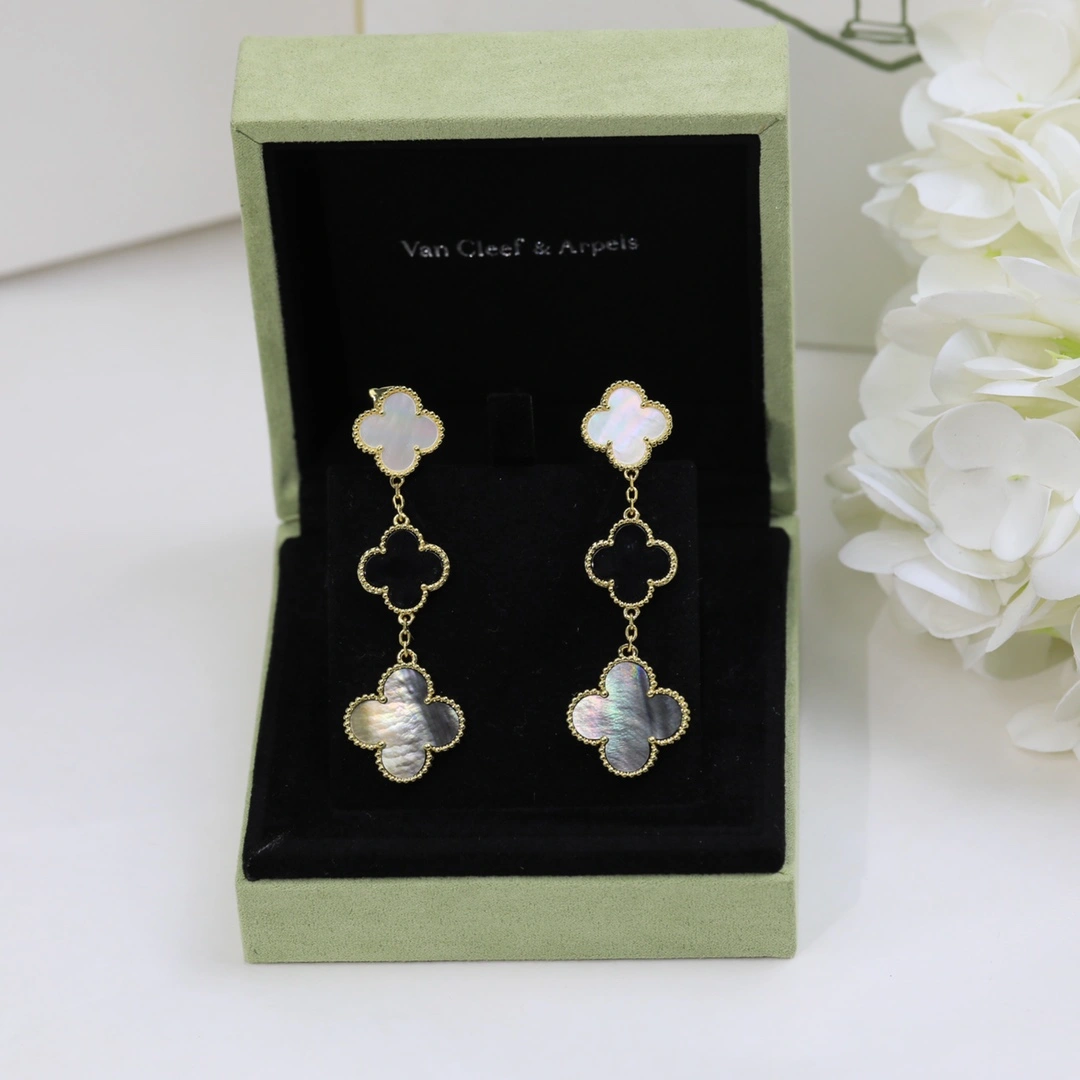 Van Cleef & Arpels Magic Alhambra Earrings 3 Motifs Yellow Gold in White and Gray mother-of-pearl and Onyx