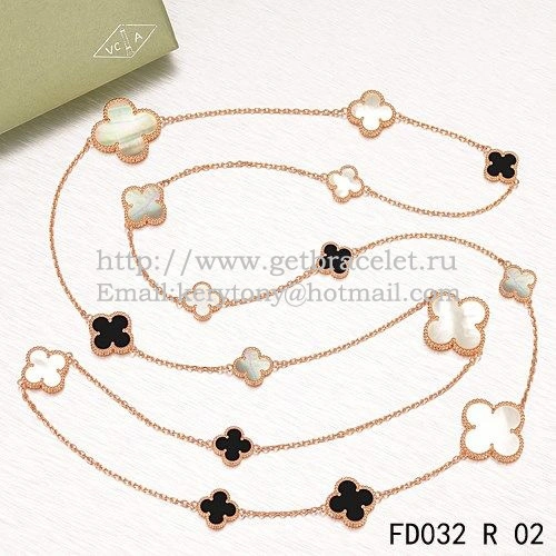 Van Cleef & Arpels Magic Alhambra Necklace Pink Gold 16 Motifs With Black Agate White Gray Mother Of Pearl