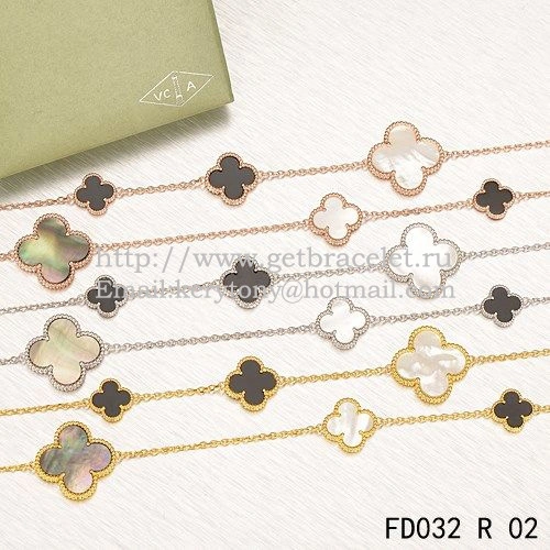 Van Cleef & Arpels Magic Alhambra Necklace Pink Gold 16 Motifs With Black Agate White Gray Mother Of Pearl