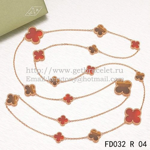 Van Cleef & Arpels Magic Alhambra Necklace Pink Gold 16 Motifs With Red Onyx Tiger’s Eye Mother Of Pearl