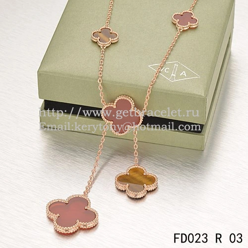 Van Cleef & Arpels Magic Alhambra Necklace Pink Gold 6 Motifs With Tiger’s Eye Onyx Mother Of Pearl