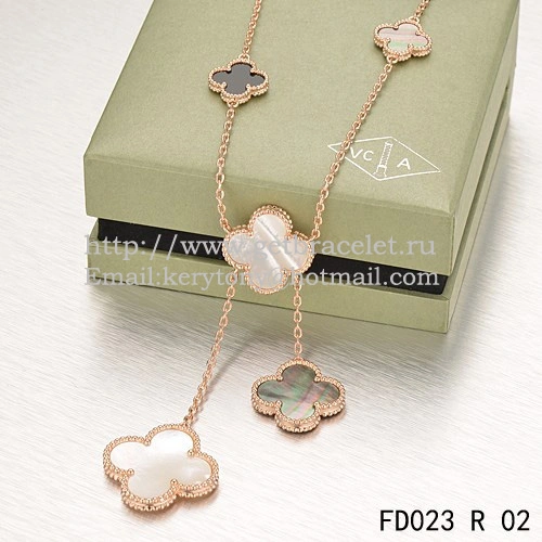 Van Cleef & Arpels Magic Alhambra Necklace Pink Gold 6 Motifs With White Gray Mother Of Pearl